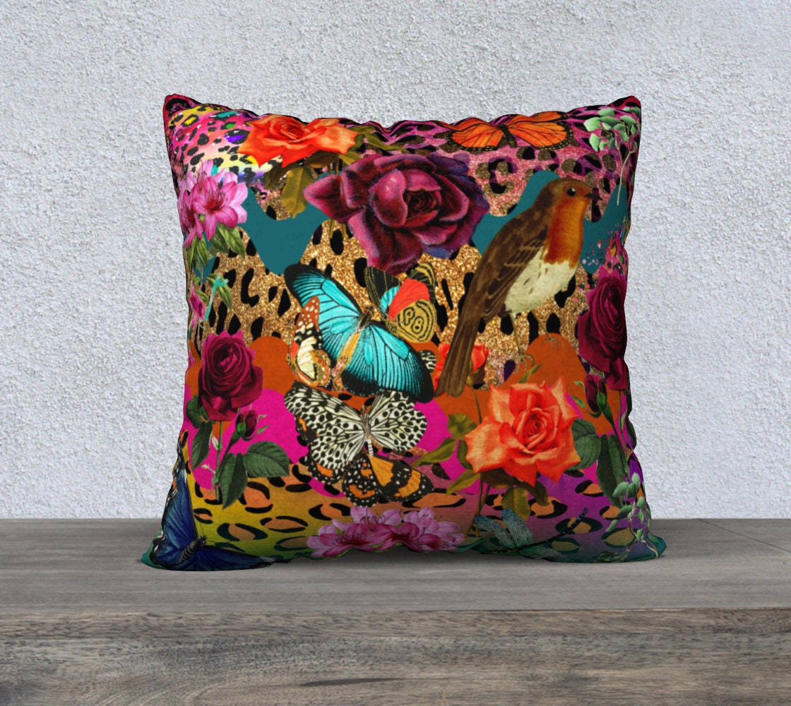 Butterflies and Bird Leopard Throw Pillow Cover Funky Home Decor Sofa Pillow Quirky Cushion Vintage Style Floral Velveteen Home Decor Leaves