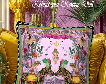 Vintage Zebras Kewpie Doll Pillow Cover, Vintage Flowers and Cherubs Large Pillow, Funky Stripes and Vintage Style Floral Sofa Pillow Cover