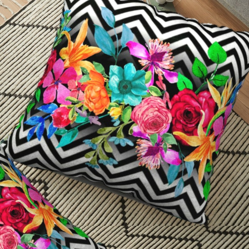 Watercolor Flowers Chevron Pillow Cover Black and White Etsy
