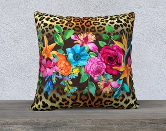 Leopard Print Bright Flowers Pillow Cover, Maximalist Decor, Cheetah Decor, Quirky Decor, Sofa Cushion, Funky Home Decor, Retro Throw Pillow