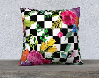 Checkerboard, Watercolor Flowers, Pillow Cover, Black and White, Upholstery Velveteen, Throw Pillow, Large Sofa Pillow, Decorative Pillow