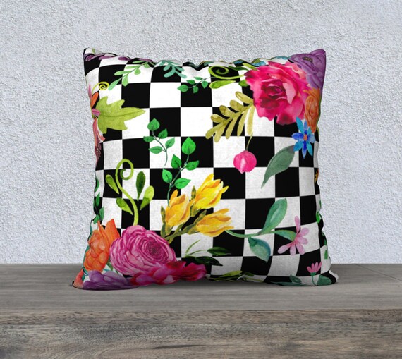 Black White Checkerboard With Watercolor Flowers Pillow Etsy