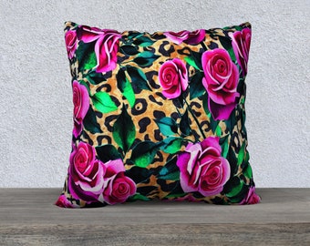 Funky Pink Roses Leopard Print Pillow Cover, Leopard Throw Pillow Cover, Sofa Pillow, Vintage Style, Floral, Velveteen, Home Decor, Leaves
