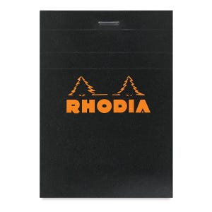 May include: A black notepad with a silver staple at the top. The notepad features the orange text "RHODIA" with two stylized tree graphics above it. The paper has horizontal fold lines.