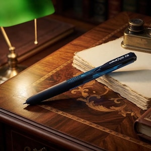 Könnte beinhalten: Ein schwarzer und blauer Stift mit der Aufschrift "Uni-ball Eye 0.38" liegt auf einem polierten Holzschreibtisch. Der Schreibtisch wird ergänzt durch eine grün schattierte Lampe, einen Stapel gealterten Papiers, ein Tintenfass und ein ledergebundenes Buch.