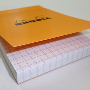 May include: An orange Rhodia notepad with a lifted cover, revealing a grid-lined paper. The Rhodia logo is printed in black on the cover. The notepad is designed for writing and note-taking.