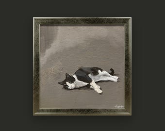 Más tarde – Pintura acrílica original, Gato, 15 x 15 cm, Firmada, Pieza única
