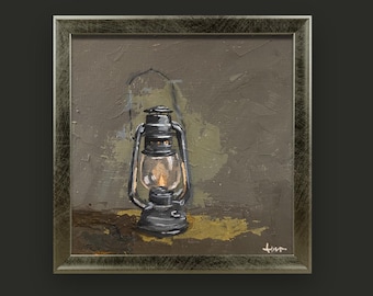 Lantern – Original Acrylic Painting, Oil Lamp, 15 x 15 cm, Signed, One of a Kind