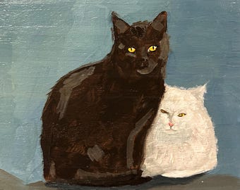 Original Acrylic Painting – Two Cats, Black and White, Signed Art (15 x 15 cm)