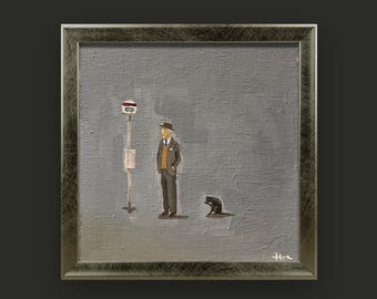 Wachten op de juiste plaats – origineel acrylschilderij, bushaltescène, 15 x 15 cm, gesigneerd, uniek