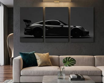 Porsche 911 GT3 RS Wall Art, Supercar Canvas Print, 3 Piece Luxury Car Poster, Modern Garage Decor, Automotive Gift for Men Sleek Dark Decor