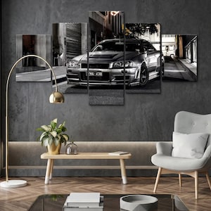 Conjunto de lienzos decorativos Nissan Skyline GT-R R34, 5 piezas, leyenda JDM, decoración JDM, impresión moderna de coche deportivo, póster en lienzo de alta definición sin marco.