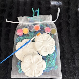 May include: A paint-your-own flower craft kit is presented in a white mesh bag. The kit includes white ceramic flower shapes, small pots of paint in various colours, and a paintbrush with a blue handle. The background is a dark, textured surface.
