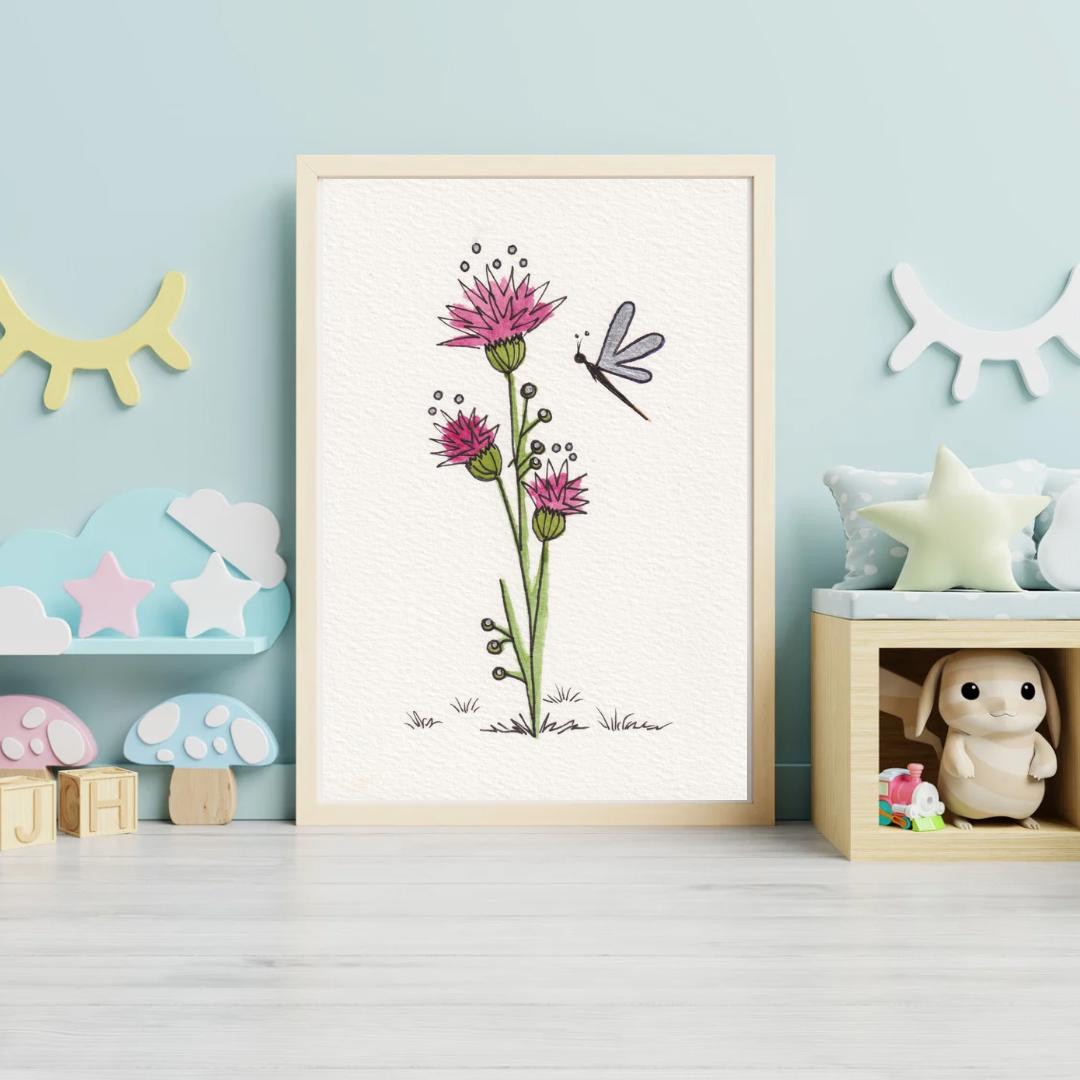 Pink Flower Dragonfly Watercolor Print, Botanical Nursery Art (digital ...