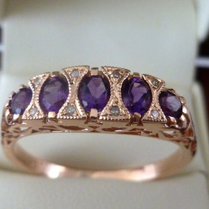 Rose Gold Amethyst Ring with Diamonds, Womens Vintage Amethyst Ring, 9ct 9k Gold, Victorian Inspired, Antique, R156 Custom