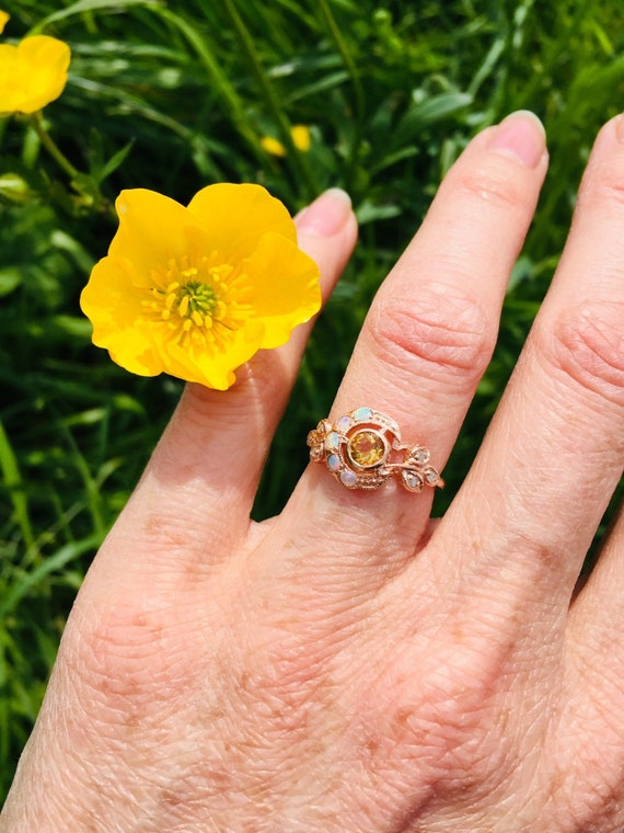 Vintage Citrine Ring 9ct 9k Rose Gold Opal Ring Diamond Antique
