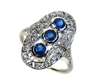 Platinum Art Deco Ring with Sapphire & Diamonds, PT900, Vintage Sapphire Diamond Ring, Women's Sapphire Ring, Anniversary, Custom R560