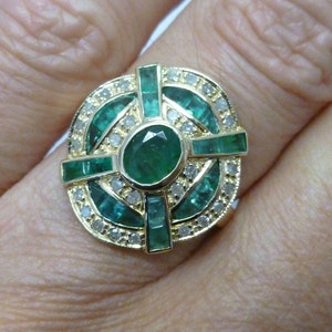Art Deco Emerald & Diamond Ring, 9ct 9k Solid Yellow Gold, Vintage Diamond Ring, Antique Style, Avail 10k 14k 18k Custom Ring R94 image 1