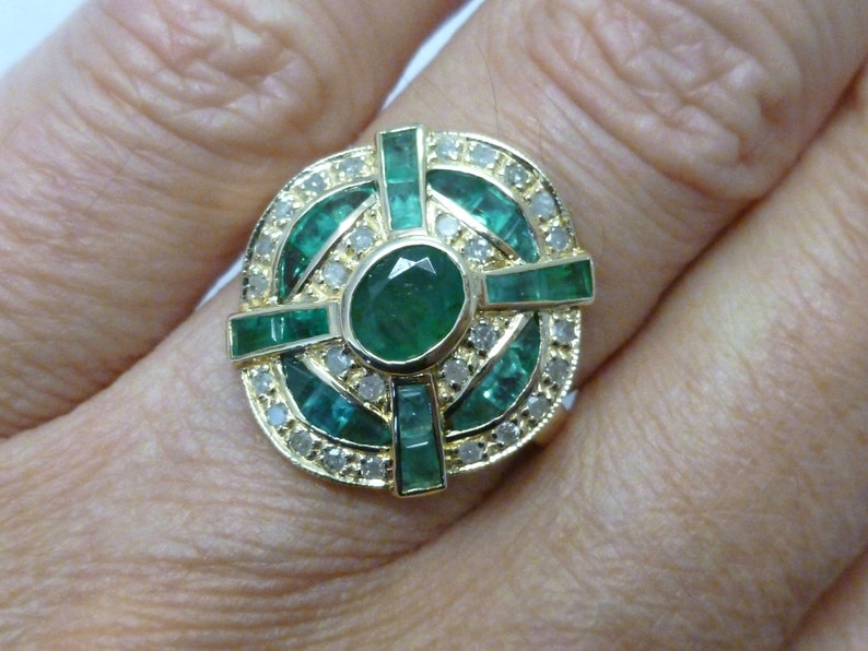 Art Deco Emerald & Diamond Ring, 9ct 9k Solid Yellow Gold, Vintage Diamond Ring, Antique Style, Avail 10k 14k 18k Custom Ring R94 image 1