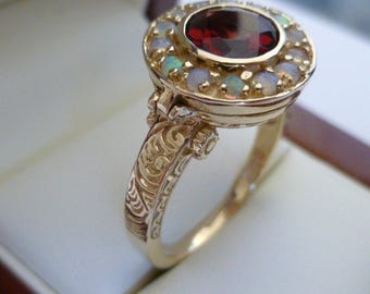 Vintage Garnet & Opal Ring, Solid Yellow Gold, Victorian Garnet Ring, Antique Style Womens Ring, Avail 14k 18k Rose, White Gold, R341