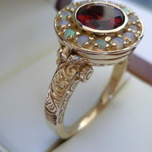 Vintage Garnet & Opal Ring, Solid Yellow Gold, Victorian Garnet Ring, Antique Style Womens Ring, Avail 14k 18k Rose, White Gold, R341