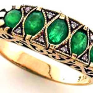 Emerald Ring with Diamonds, 9ct 9k Yellow Gold, Victorian, Antique Diamond Ring, Womens Vintage Emerald Ring, Various Gems + 14k 18k R156