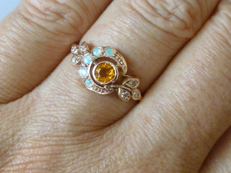 Vintage Citrine Ring, 9ct 9k Rose Gold Opal & Diamond Ring, Antique Moon Ring, Also Avail 10k, 14k, 18k, R25, Custom image 5