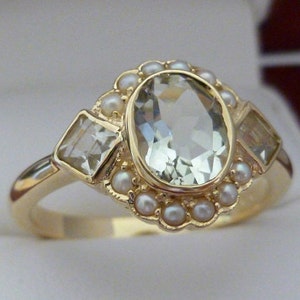 Vintage Amethyst Ring, Solid Gold Victorian 9ct Pearl Ring, Antique Green Amethyst Ring - Avail in Various Gems +14k 18k Gold  - Custom R4