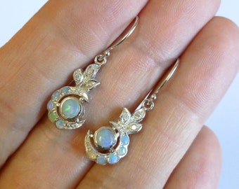 ANTIQUE 9ct 9k Solid White Gold FIERY Opal Earrings, Womens Opal Diamond Vintage Earrings, 14k, 18k, Victorian earrings E17 Custom