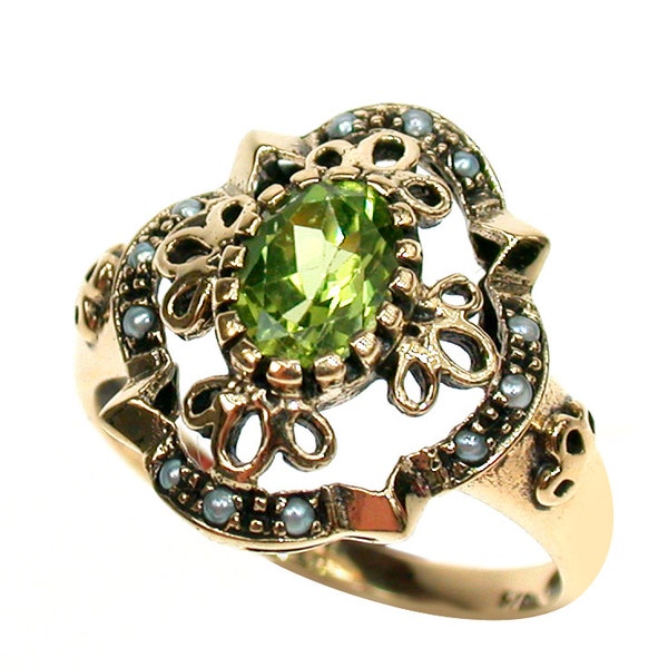 Gold Peridot Pearl Ring 10k Antique Style, 9ct 9k, 14k 18k Platinum Palladium Womens Garnet Ring, Victorian, R38, Custom Vintage Ring