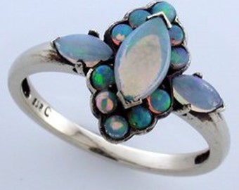 Vintage Opal Ring, 9ct 9k Solid White Gold, Womens Victorian Opal Ring, Handcrafted, Various Gems + 14k 18k Rose Yellow Gold, R309 Custom