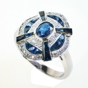 Platinum Art Deco Sapphire Diamond Ring, PT900, Vintage Diamond Engagement Ring, Women&#39;s Sapphire Ring, White Ring, Anniversary, Custom R94
