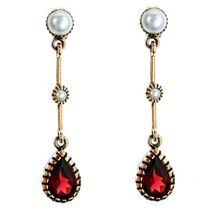 Vintage Garnet & Pearl Drop Earrings, Antique Solid Gold Earrings, 9ct 9k 14k 18k, Women&#39;s Yellow Gold Earrings, E47 Custom