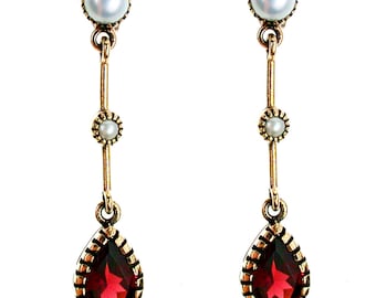 Vintage Garnet & Pearl Drop Earrings, Antique Solid Gold Earrings, 9ct 9k 14k 18k, Women's Yellow Gold Earrings, E47 Custom