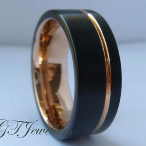 Black Tungsten & Rose Gold Wedding Band, Brushed Tungsten Ring, Wedding Ring, Women Men, His Hers, Anniversary Ring, Engagement Band TR80