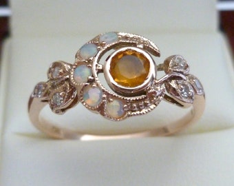 Vintage Citrine Ring, 9ct 9k Rose Gold Opal & Diamond Ring, Antique Moon Ring, Also Avail 10k, 14k, 18k, R25, Custom