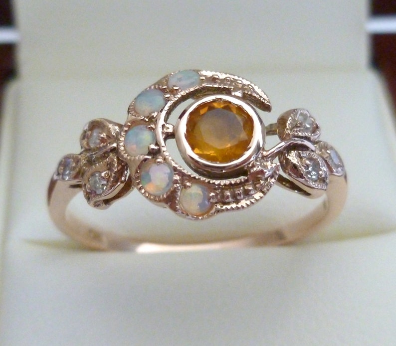 Vintage Citrine Ring, 9ct 9k Rose Gold Opal & Diamond Ring, Antique Moon Ring, Also Avail 10k, 14k, 18k, R25, Custom image 1