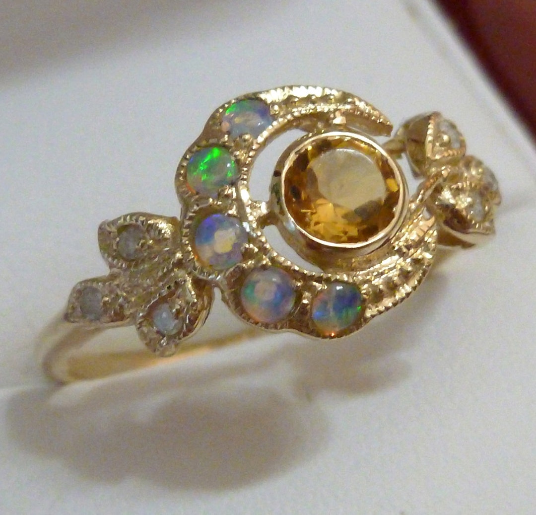 Vintage Citrine Ring, 9ct 9k Yellow Gold Opal Ring, Diamond Antique ...