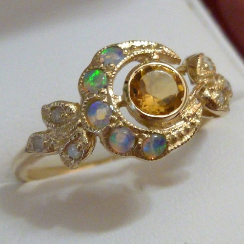 Vintage Citrine Ring 9ct 9k Rose Gold Opal Ring Diamond - Etsy