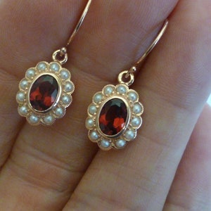 Vintage Garnet & Pearl Earring, 9ct 9k Solid Yellow Gold, Womens Victorian Pearl Earrings, Antique Style, Ready To Ship, E10