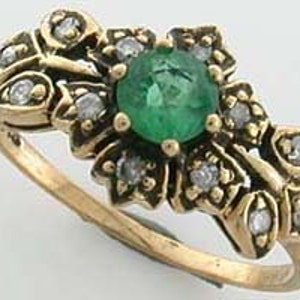 Emerald Ring with Diamonds, 9ct 9k Gold Flower Vintage Ring, Womens Antique Emerald Diamond Ring, Various Gems, 14k 18k Rose White Gold R206