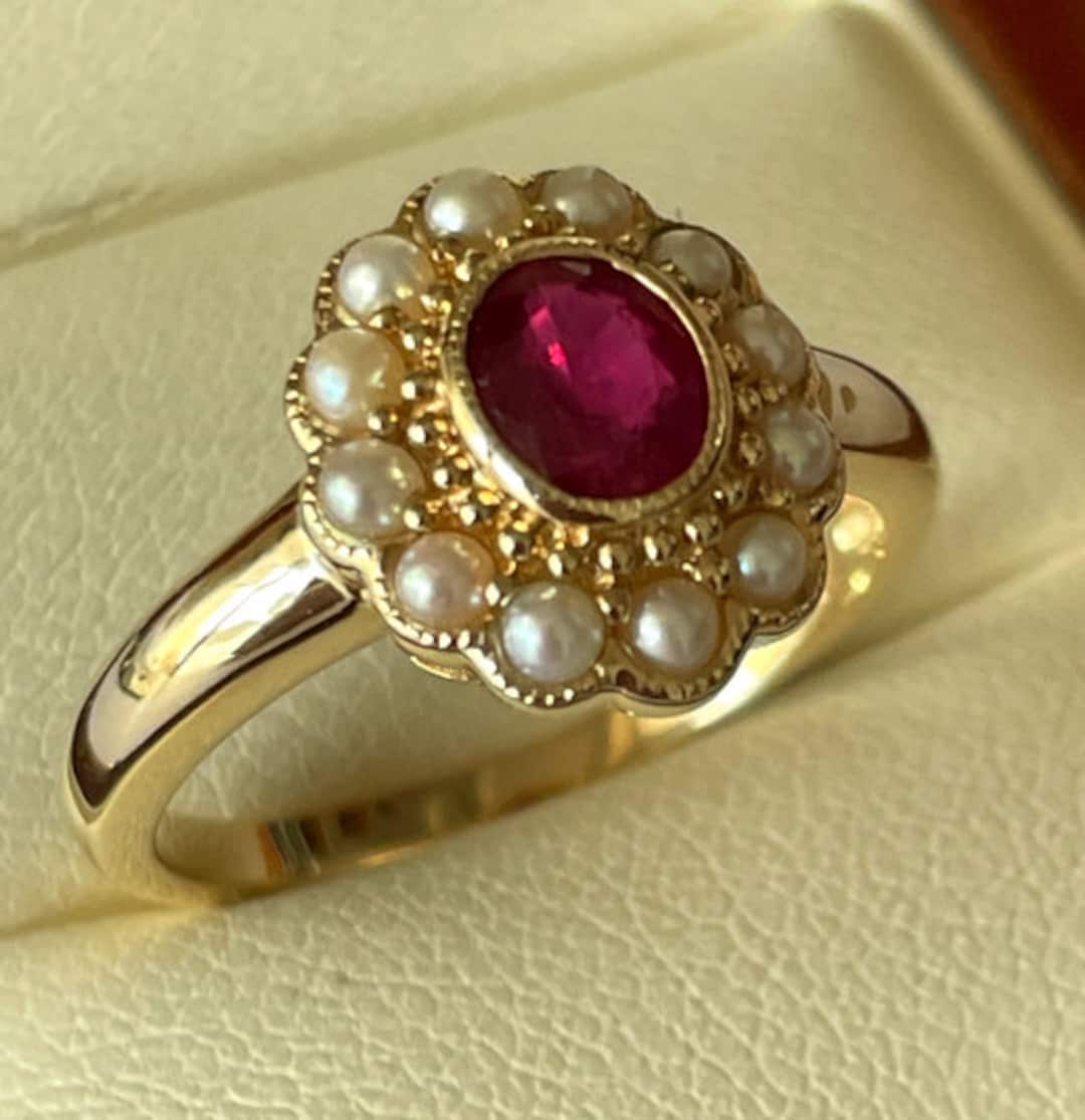 Ruby & Pearl Solid Yellow Gold Ring, Victorian Ruby Ring, 9ct 9k Solid ...