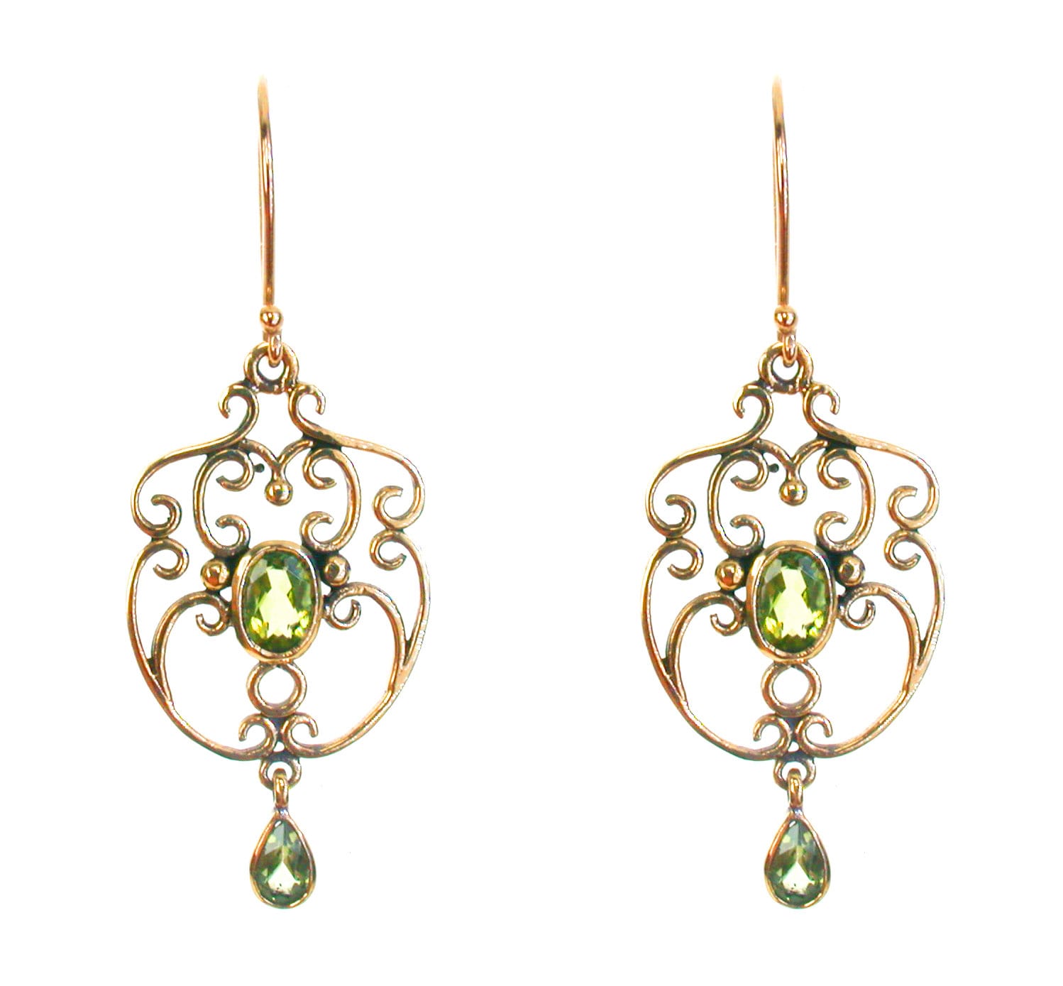 Vintage Peridot Filigree Earrings, Antique Solid Gold Drop