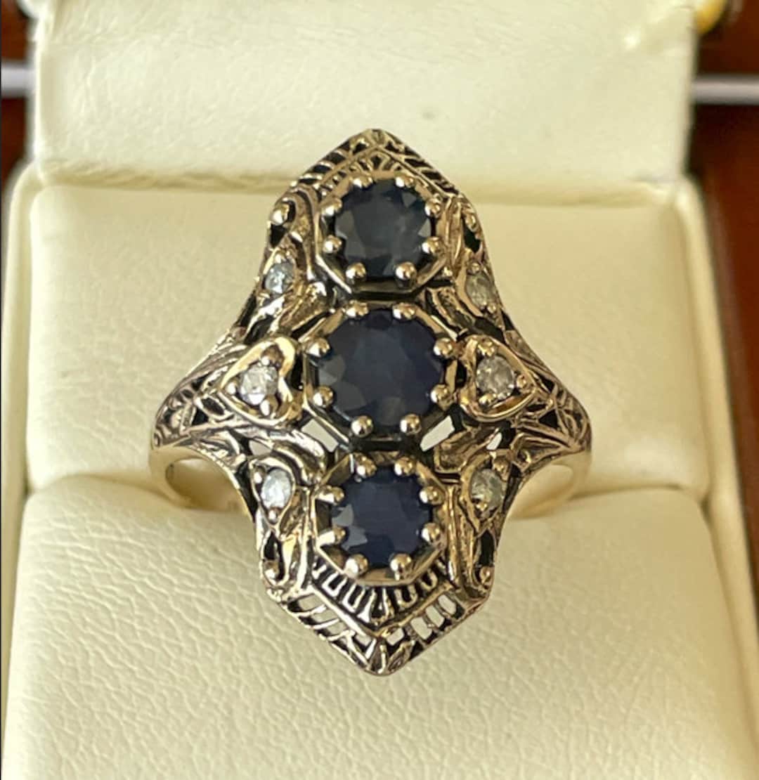 Vintage Sapphire & Diamond Ring, Solid Yellow Gold, 9ct 9K, Antique — free download