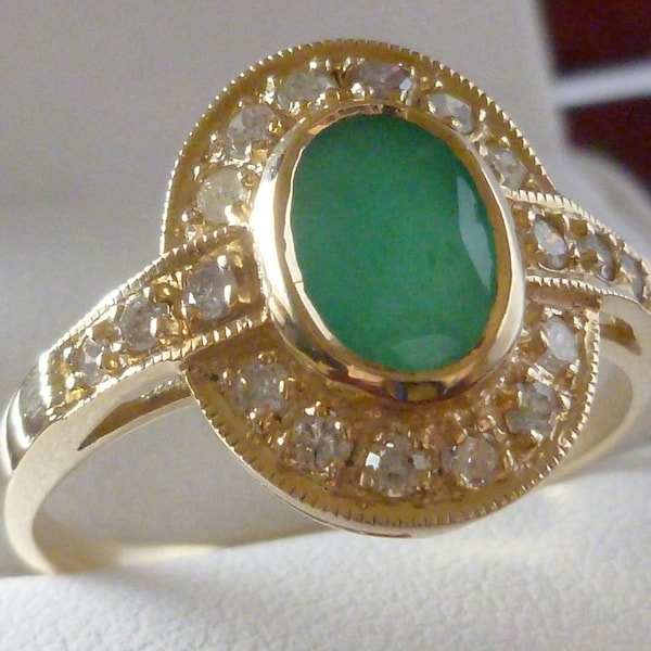 9ct Gold Vintage Emerald & Diamond Ring, Antique Style Emerald Ring, Art Deco 9k Womens Emerald Victorian Ring R14 Custom