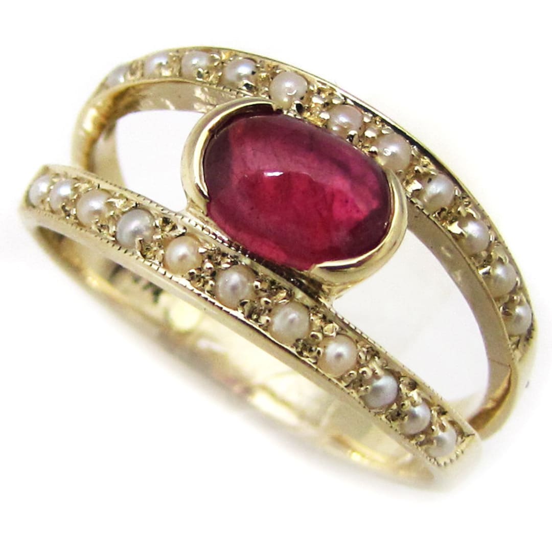 Gold Ruby Ring, 9ct 9k, Vintage Ruby Pearl Ring, Womens Victorian Pearl ...