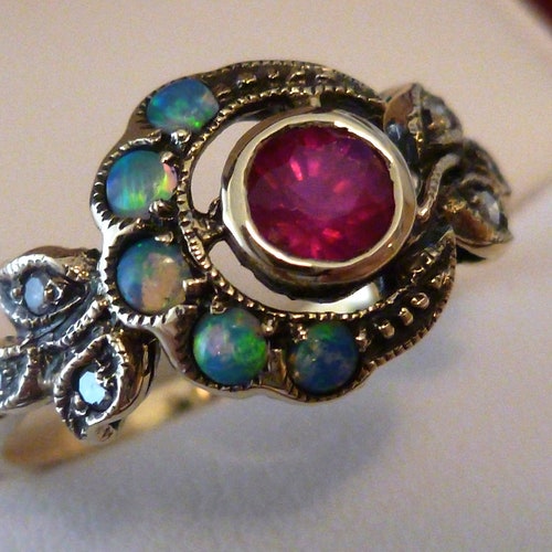 Vintage Ruby Ring 9ct 9k Gold Opal Ring Diamond Antique - Etsy