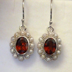 White Gold Vintage Garnet Earrings with Pearls, Solid Gold, 9ct 9k, Womens Victorian Pearl Earrings, Antique French Hook Wire, E10 Custom