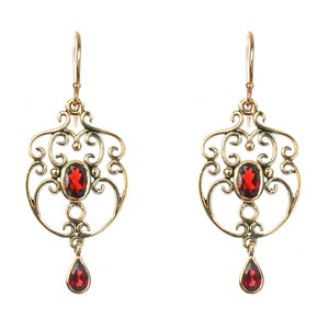Vintage Garnet Filigree Earrings, Antique Solid Gold Drop Earrings, 9ct 9k 14k 18k, Victorian Women&#39;s Chandelier Earrings, E36 Custom