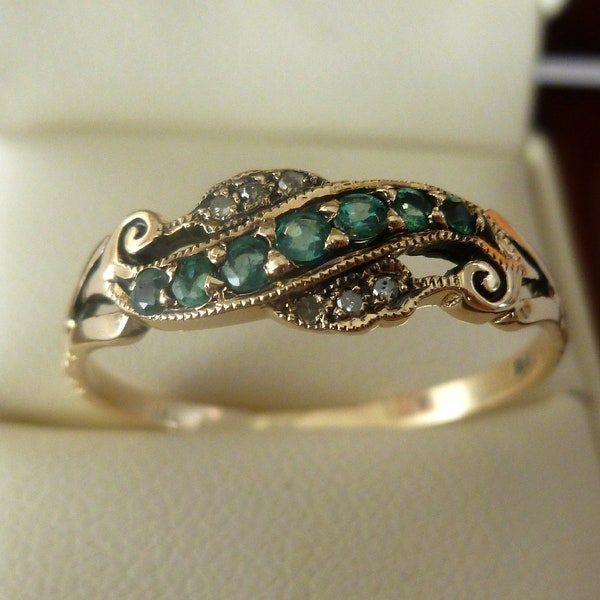 Emerald & Diamond Vintage Ring, 9ct 9k Solid Gold, Victorian Anniversary, Also Avail in 14k, 18k, Rose White, Antique Custom R147